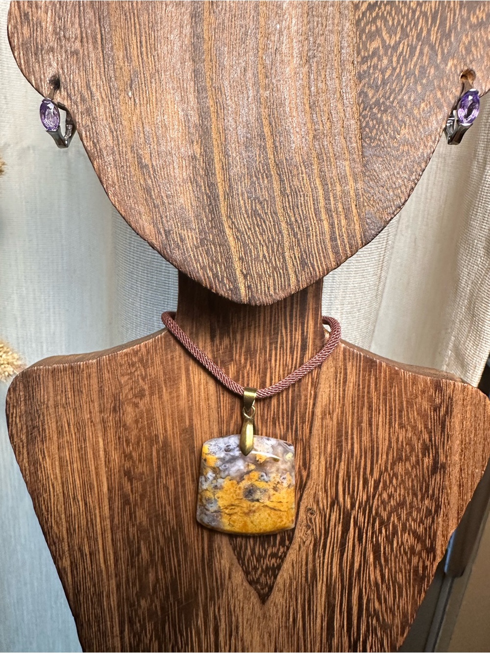 Unique Square Yellow Jasper Pendant Necklace on Brown Rope - Picture 2 of 14